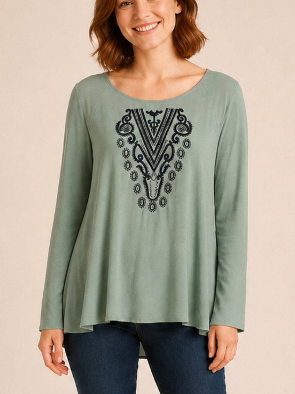 Emery Rose Teal Embroidered Boho Long Sleeve Tunic Top Soft  1XL